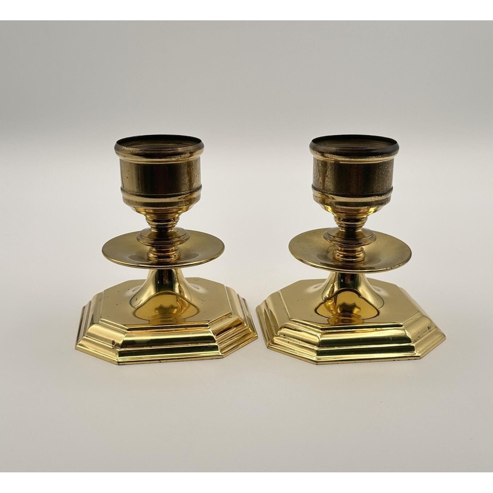 Pair of Vintage MCM 4 1/2" Brass Candle Holders — Hex Base Taper Candlesticks